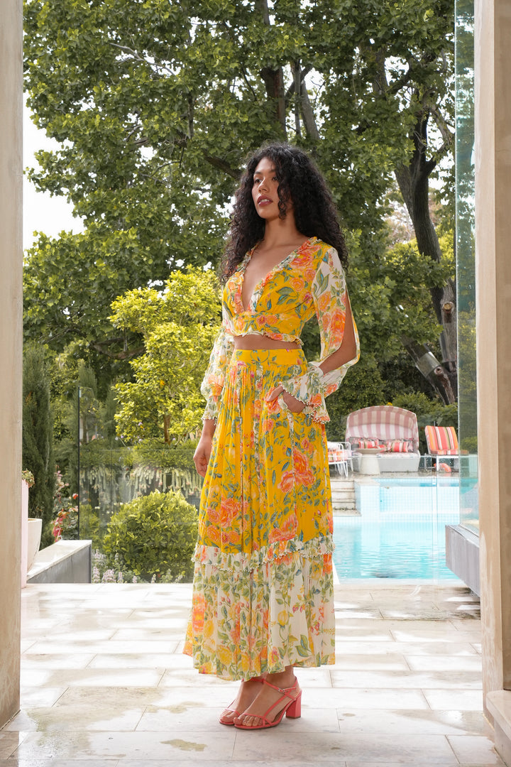 Cropped Split Sleeve Blouse in Citrus Bloom