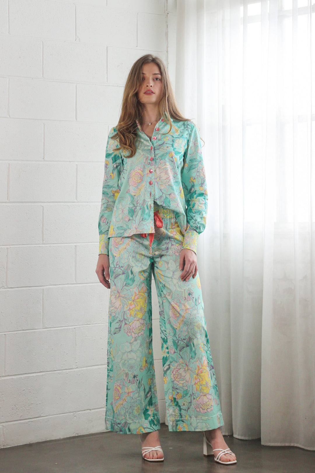 Elasticated High Waist Pant in Rose Azure