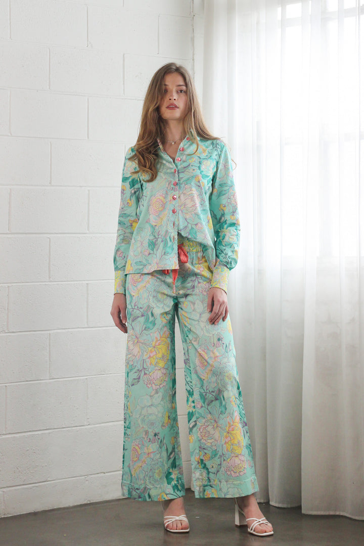 Elasticated High Waist Pant in Rose Azure