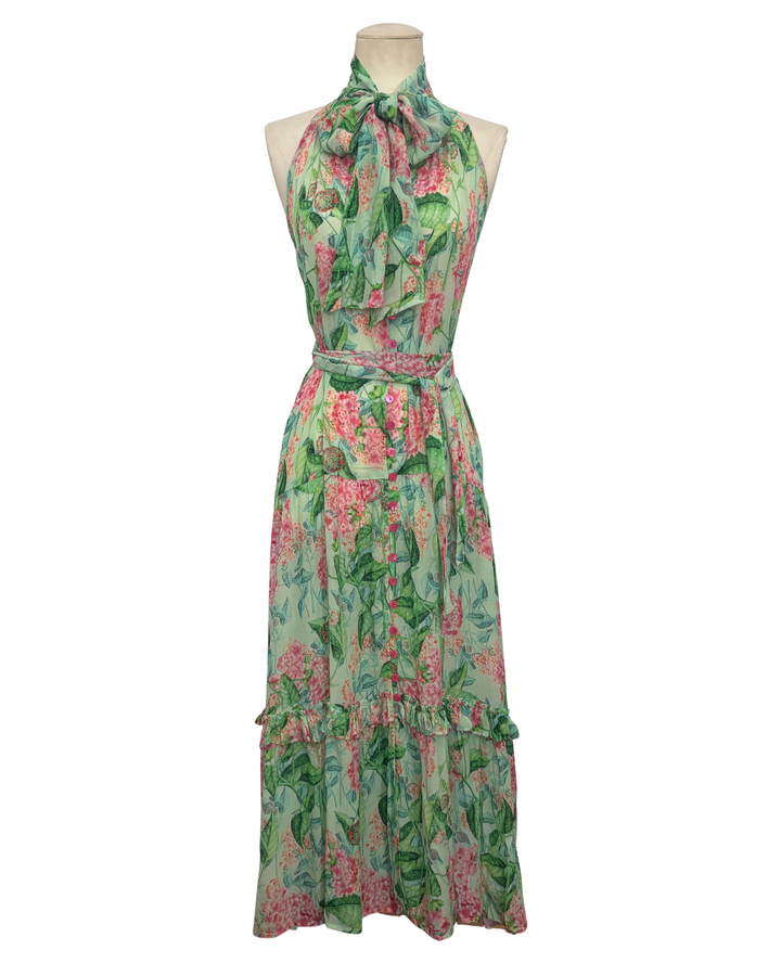 Button Down Sash Tie Maxi Dress in Emerald Sardinia