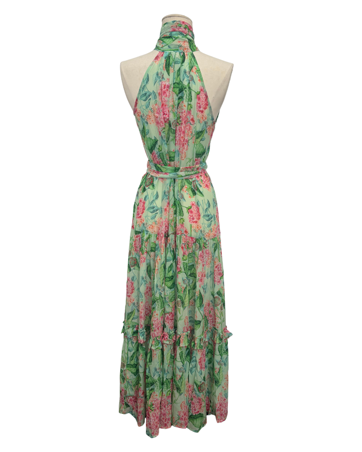 Button Down Sash Tie Maxi Dress in Emerald Sardinia