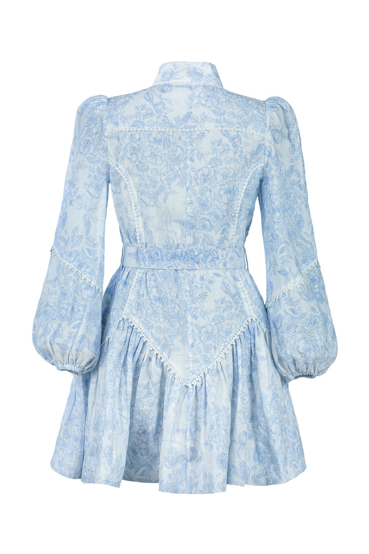 Empire Mini Dress in Blue Toile