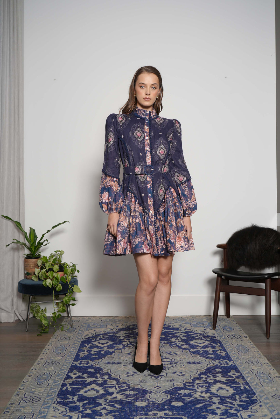 Empire Mini Dress in Navy Diamond & Navy Patchwork