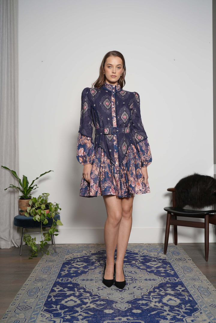 Empire Mini Dress in Navy Diamond & Navy Patchwork