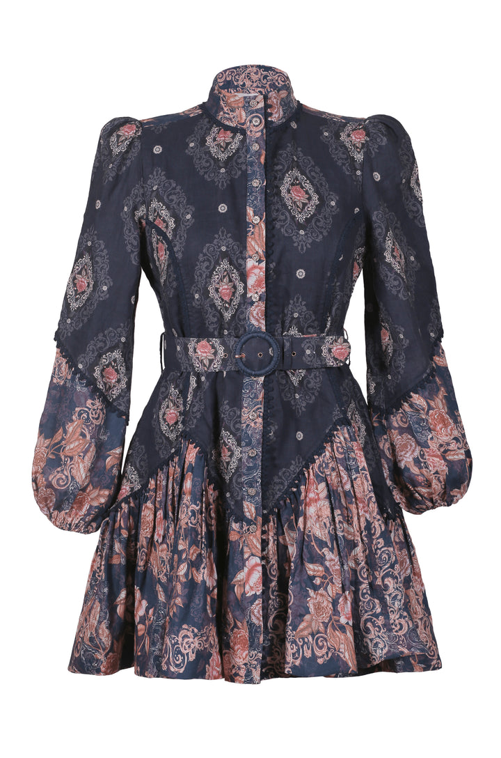 Empire Mini Dress in Navy Diamond & Navy Patchwork