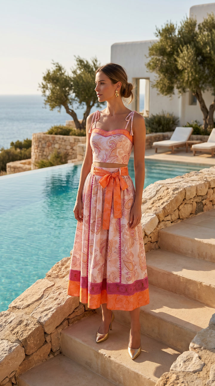 Midi Sash Tie Skirt in Blushing Florentine