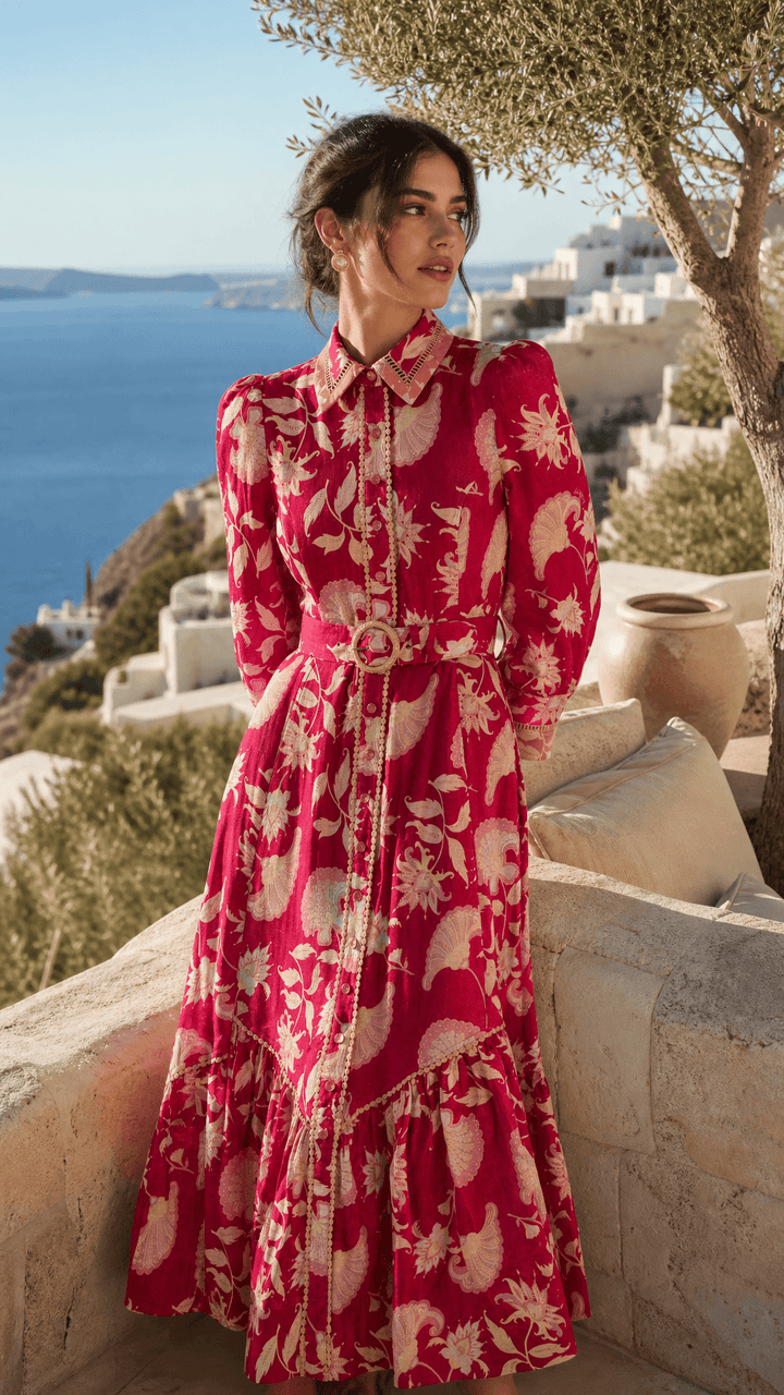 Spliced Collar Trench Maxi Dress in Merlot Florentine