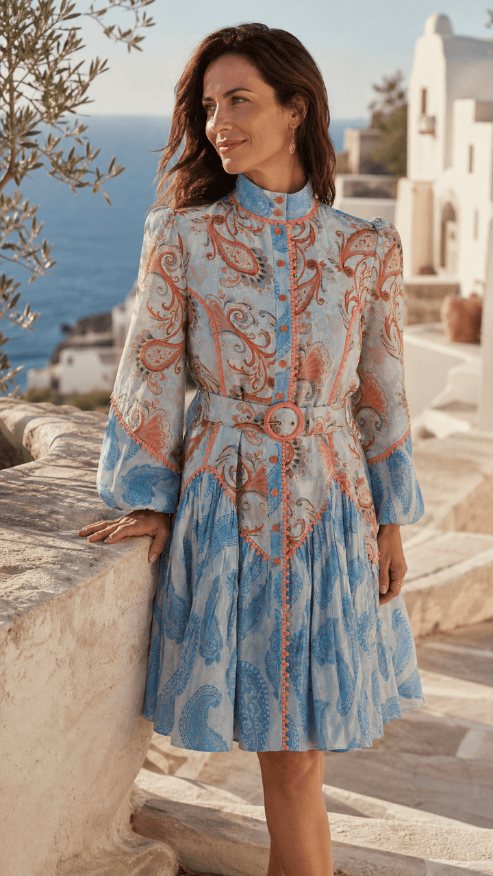 Empire Mini Dress in Sky Flora