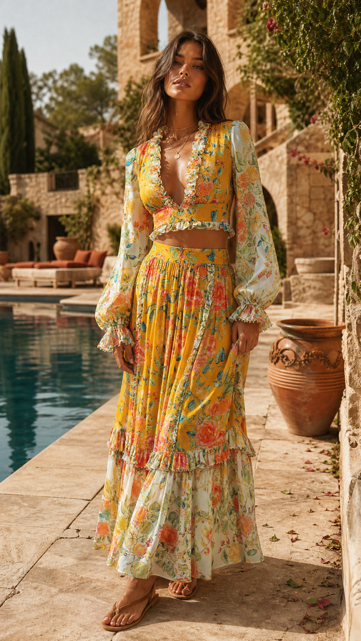 Cropped Split Sleeve Blouse in Citrus Bloom