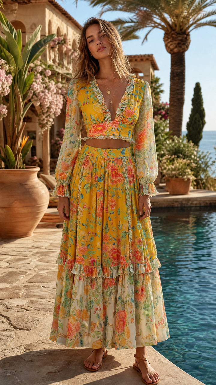 Cropped Split Sleeve Blouse in Citrus Bloom