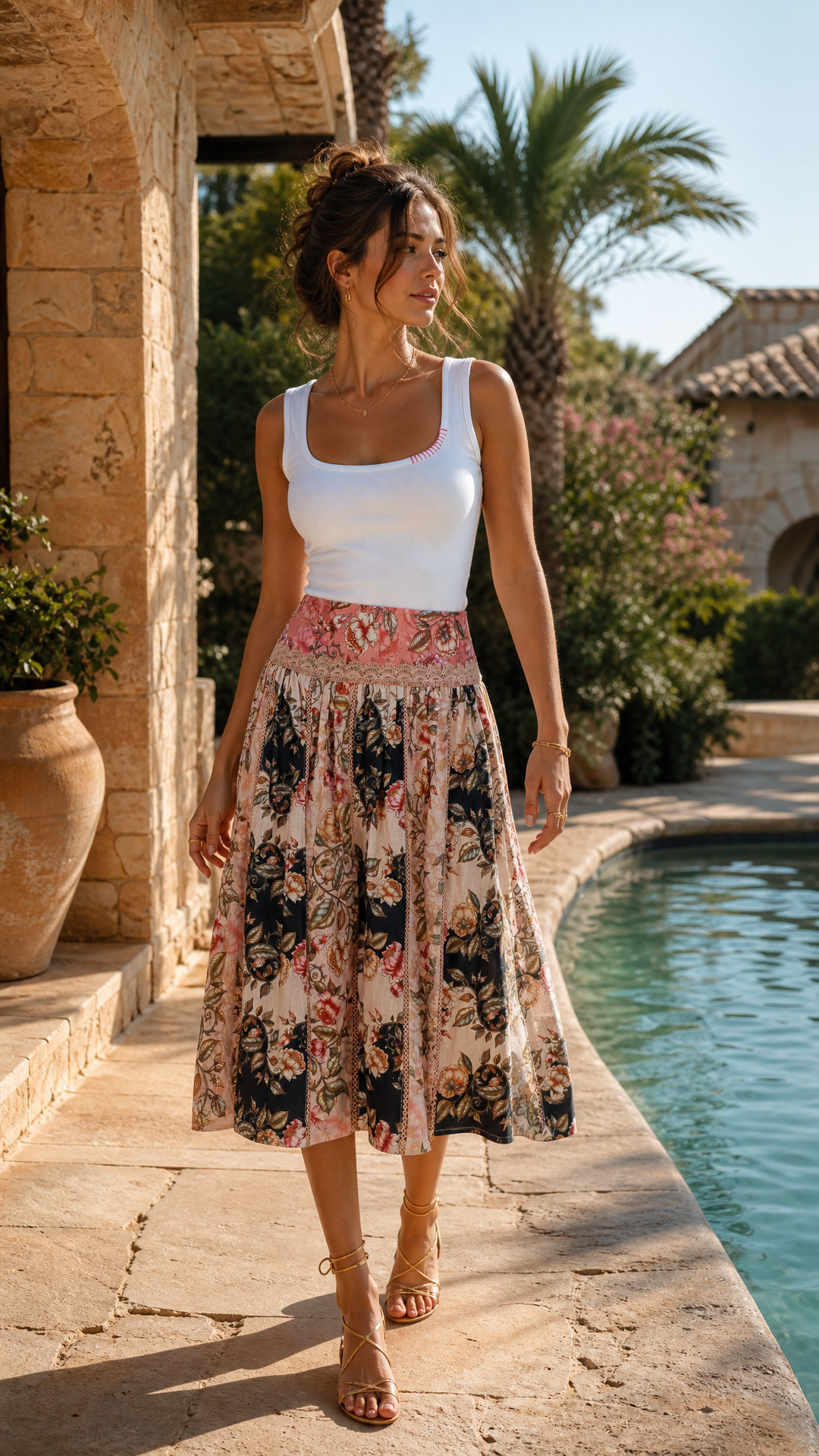 Banded Midi Skirt in Spring Melody