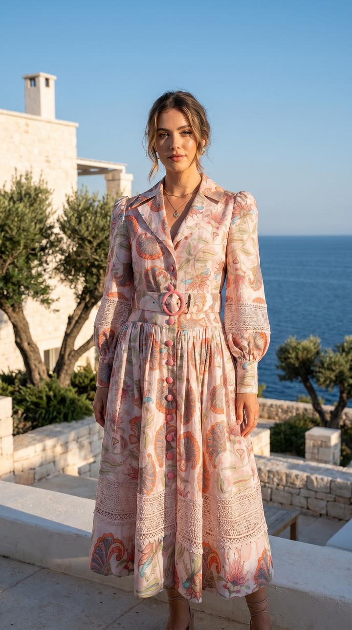 Spread Collar Trench Dress in Blush Florentine