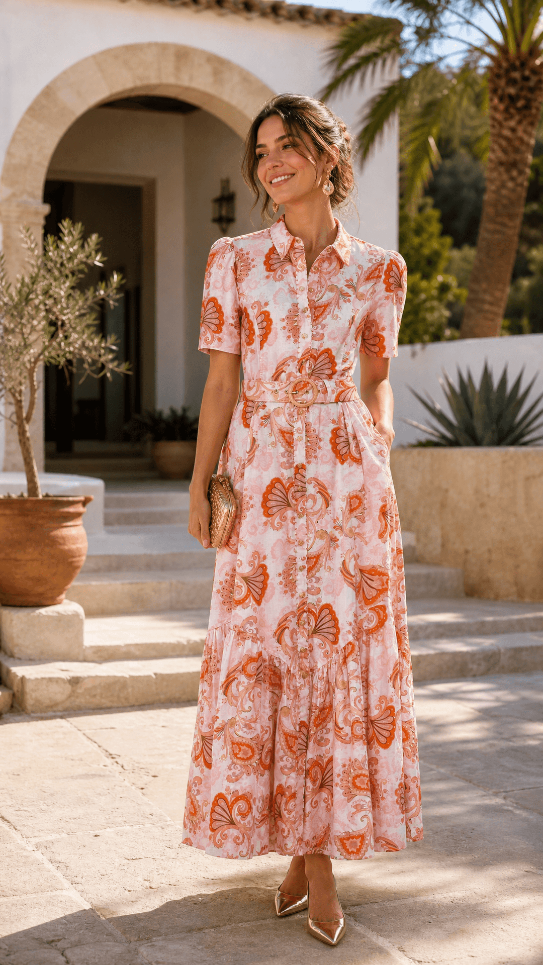 Short Sleeve Trench Maxi Dress in Bronze Mirage