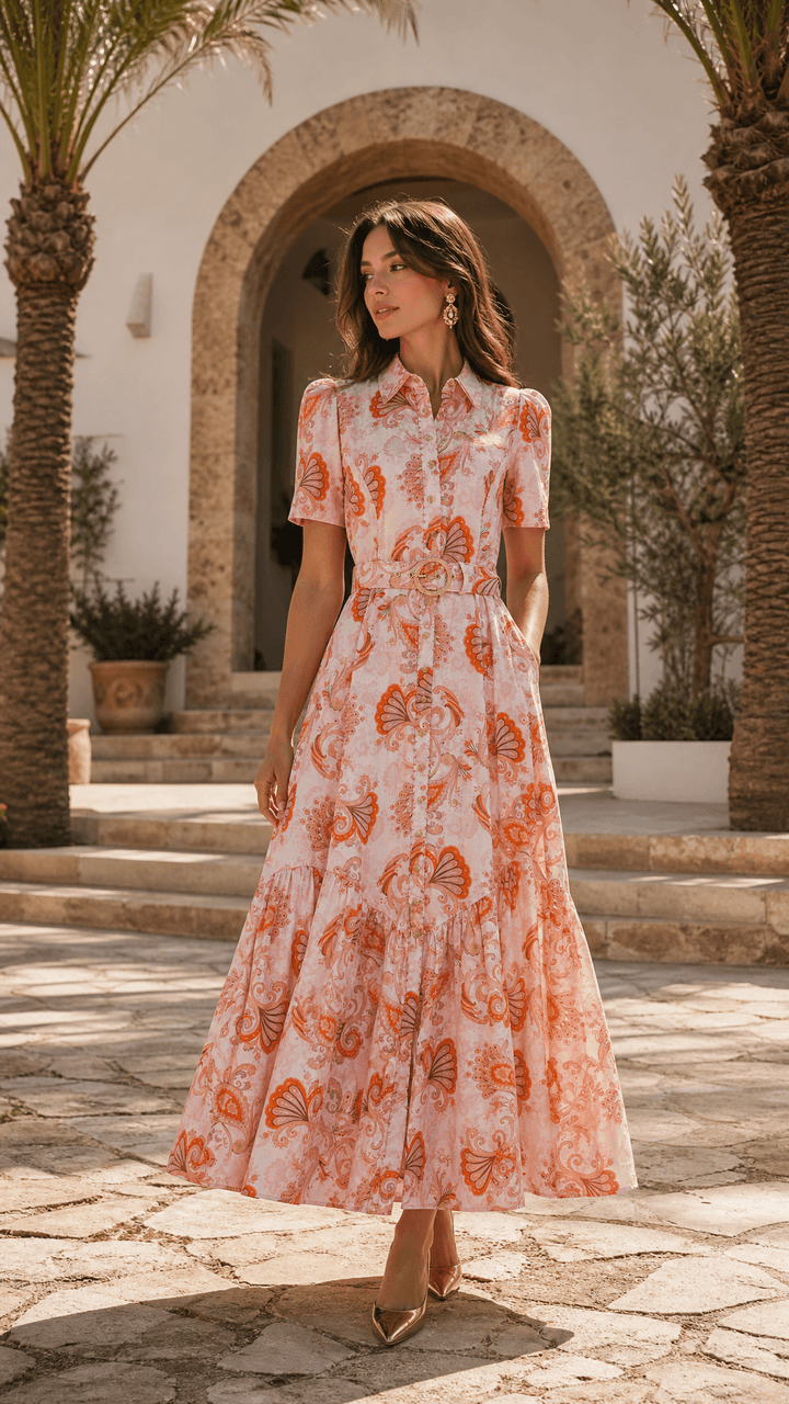 Short Sleeve Trench Maxi Dress in Bronze Mirage