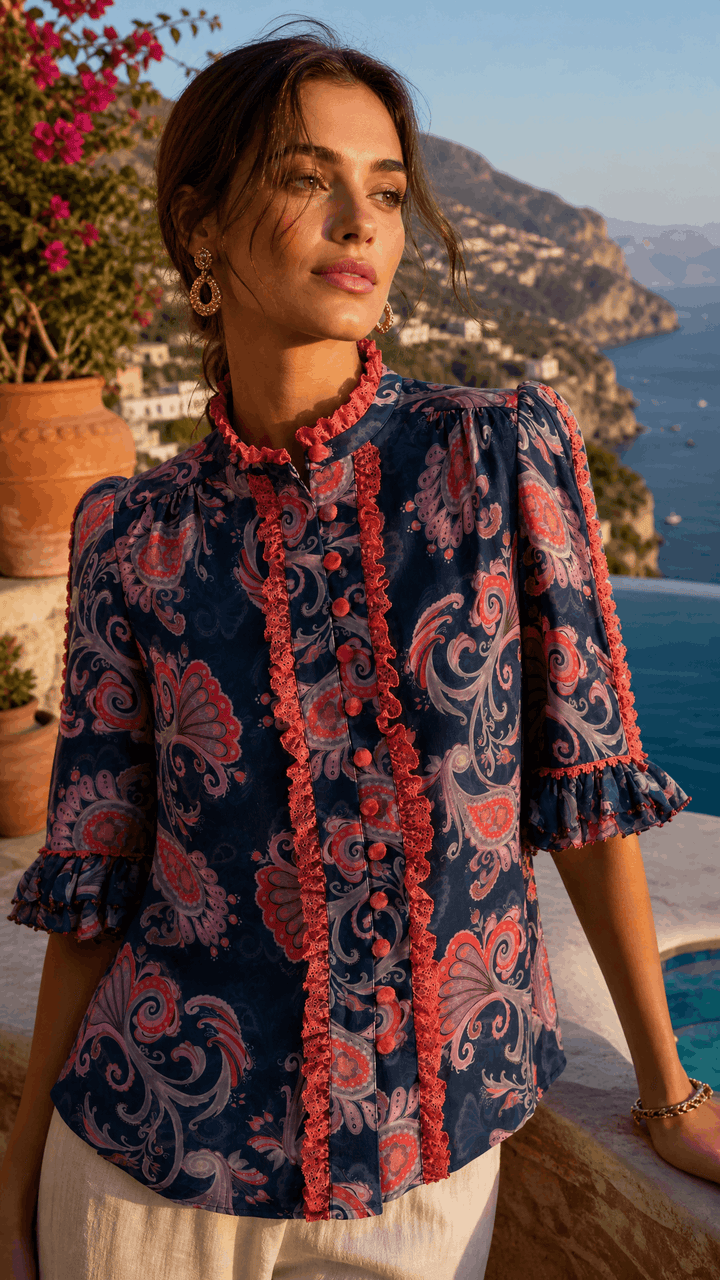 Beaded Sleeve Blouse in Evening Flora