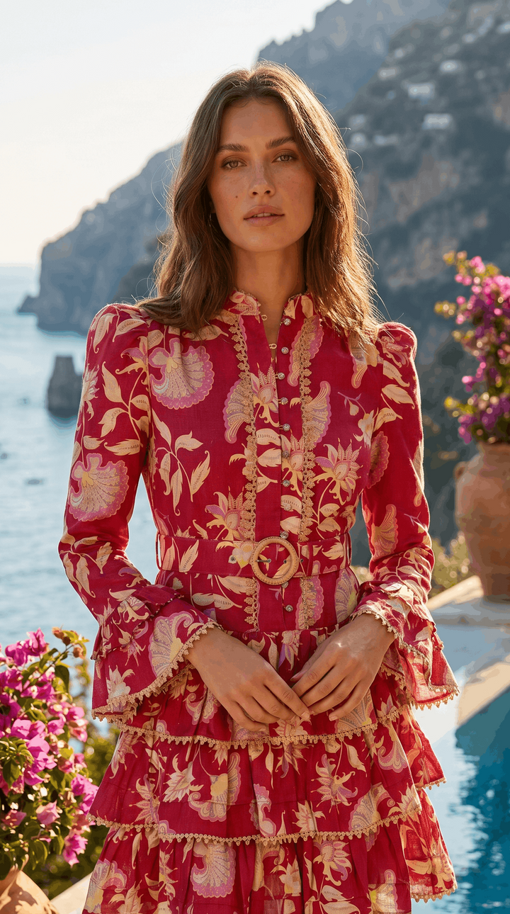 Layered Bell Sleeve Dress in Merlot Florentine