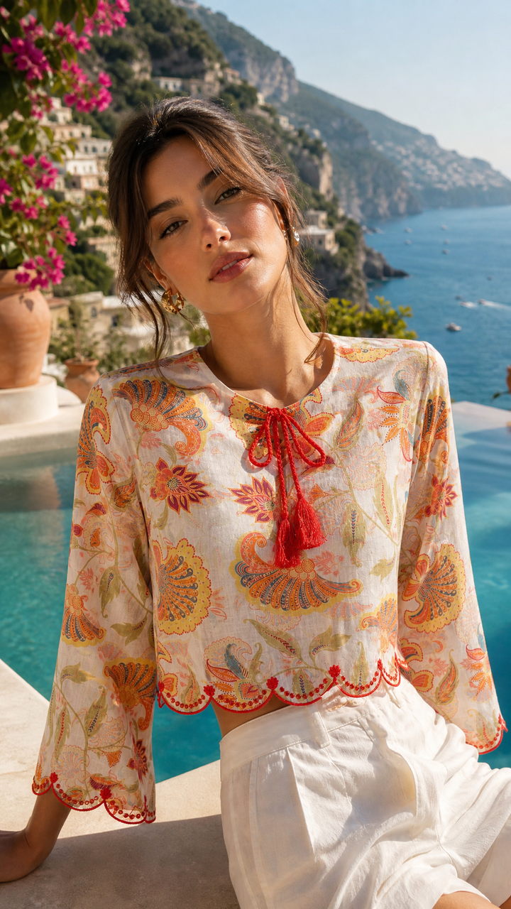 Long Sleeve Scallop Blouse in Summer Florentine