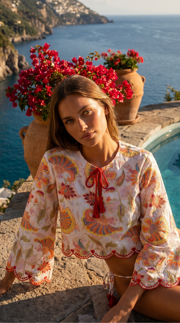 Long Sleeve Scallop Blouse in Summer Florentine