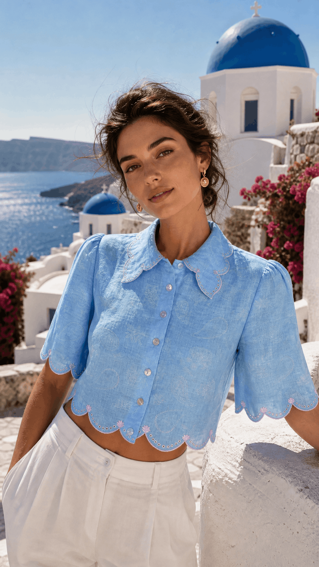 Embroidered Crop Shirt in Sky Paisley