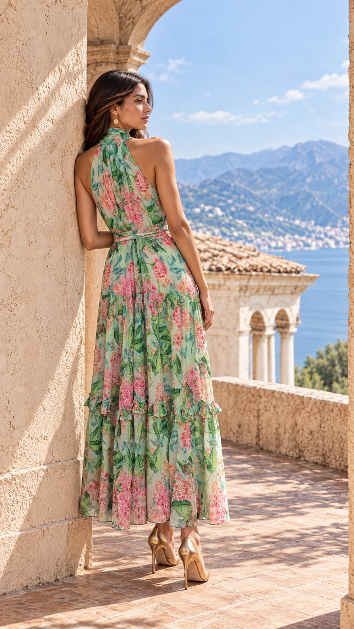 Button Down Sash Tie Maxi Dress in Emerald Sardinia