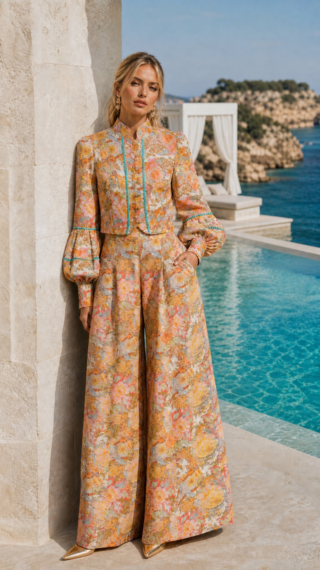 Cropped Balloon Sleeve Jacket in Champagne Picnic