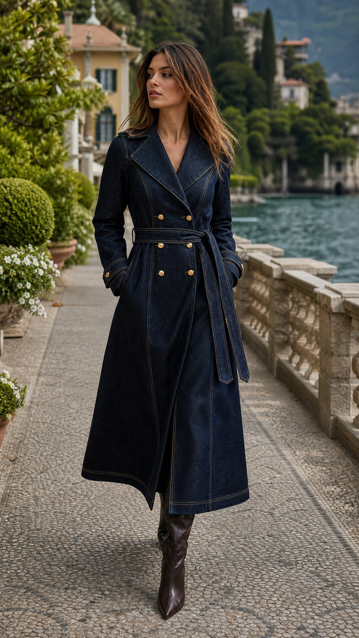 Longline Trench Coat in Dark Wash Denim