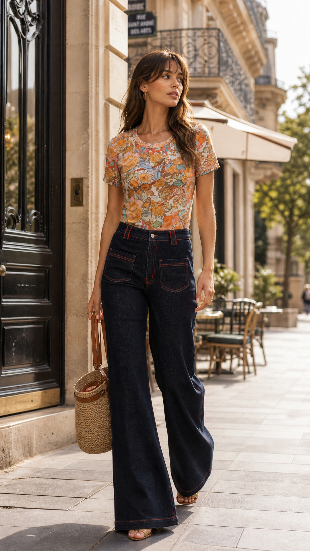 Embroidered Straight Leg Jean in Dark Wash with Red Stitching