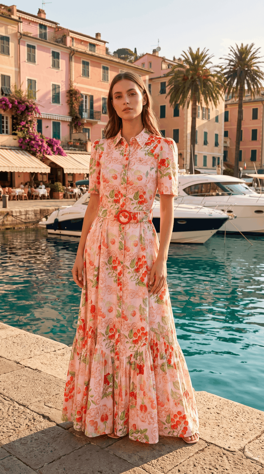 Short Sleeve Trench Maxi Dress in Sardinia Tomato Medley