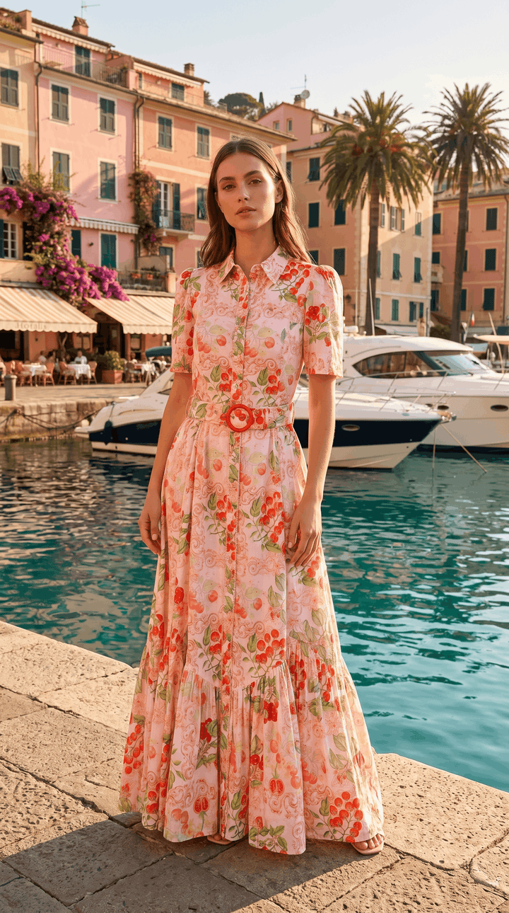 Short Sleeve Trench Maxi Dress in Sardinia Tomato Medley