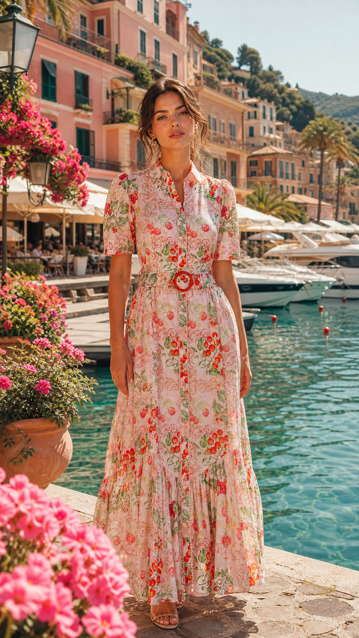 Short Sleeve Trench Maxi Dress in Sardinia Tomato Medley
