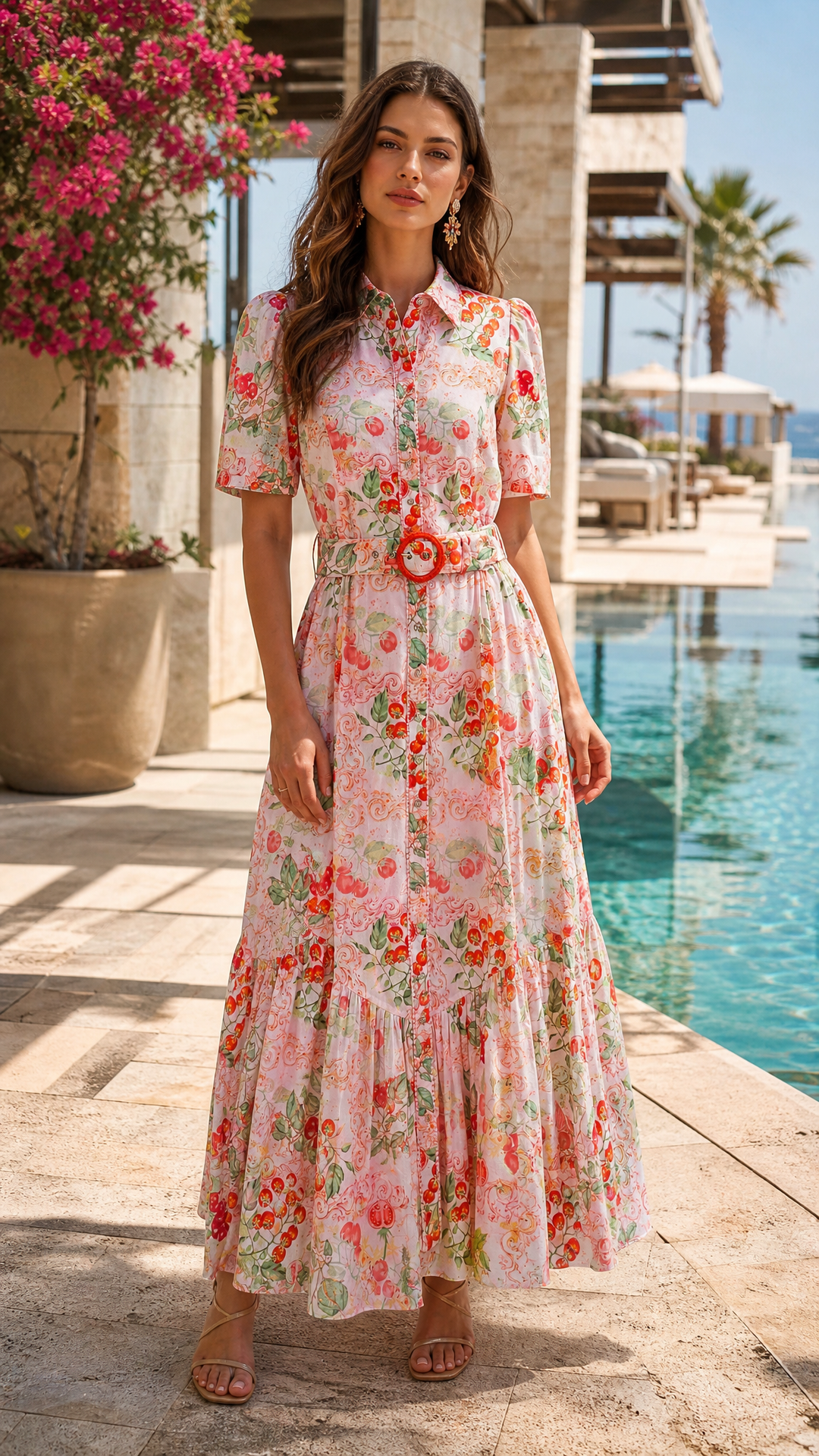 Short Sleeve Trench Maxi Dress in Sardinia Tomato Medley