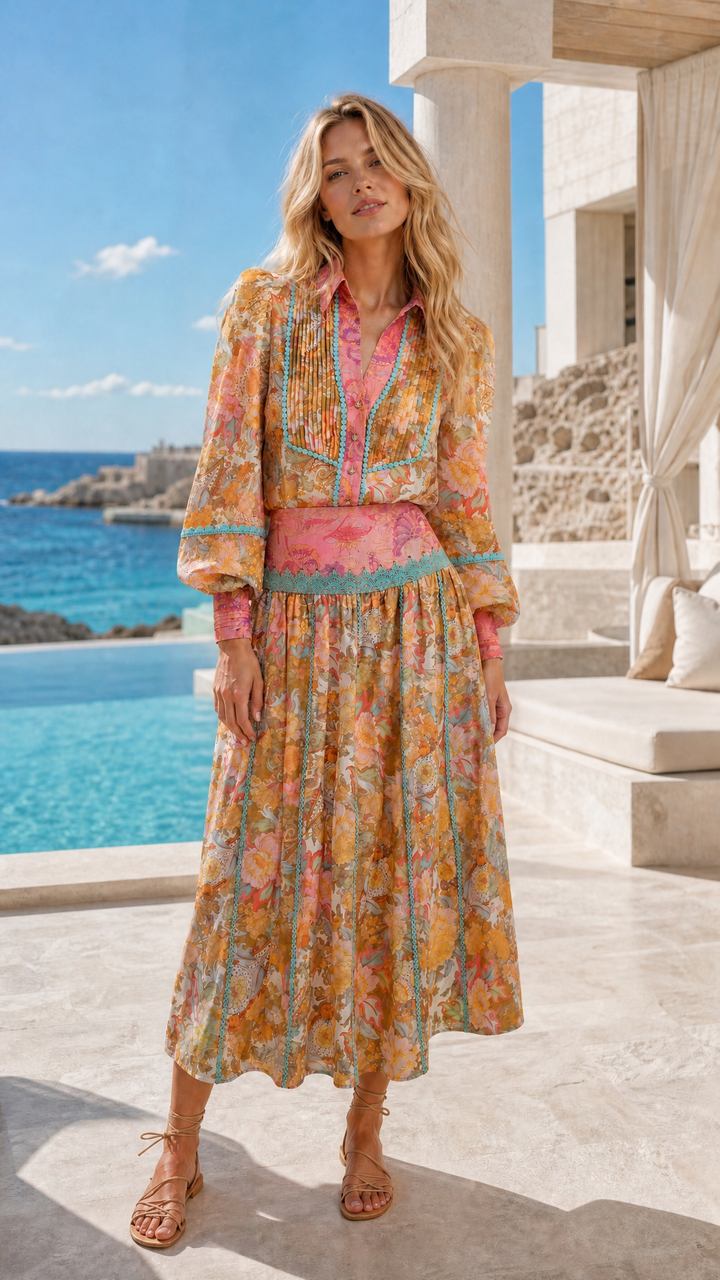Pintuck Collar Blouse in Champagne Picnic