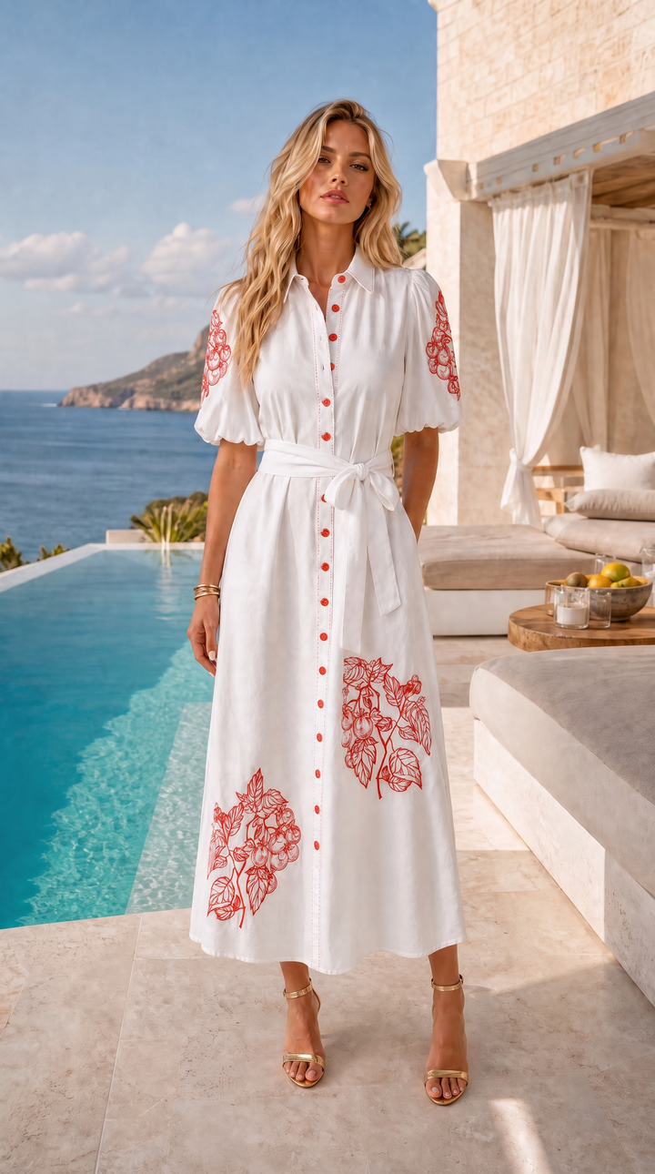 Puff Sleeve Shirt Dress in Tomato Anatomical