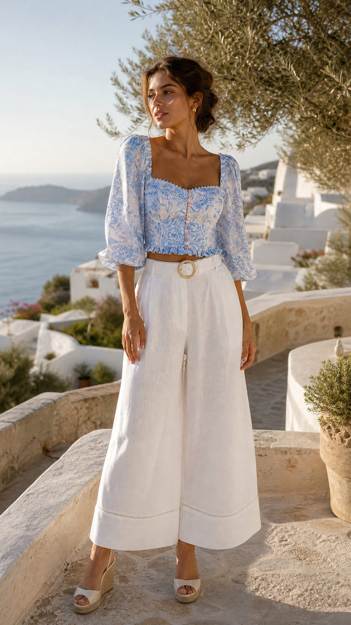 Sweetheart Crop Blouse in Blue Toile
