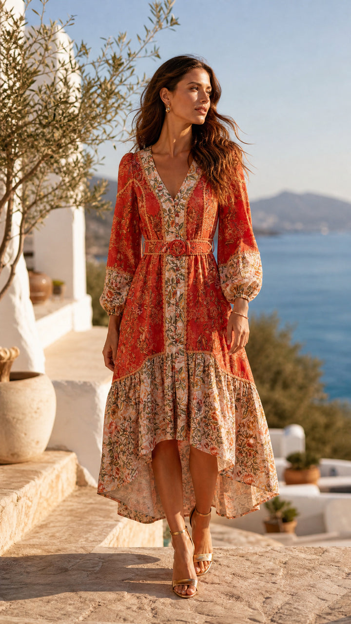 Waterfall Maxi Dress in Coral Vine