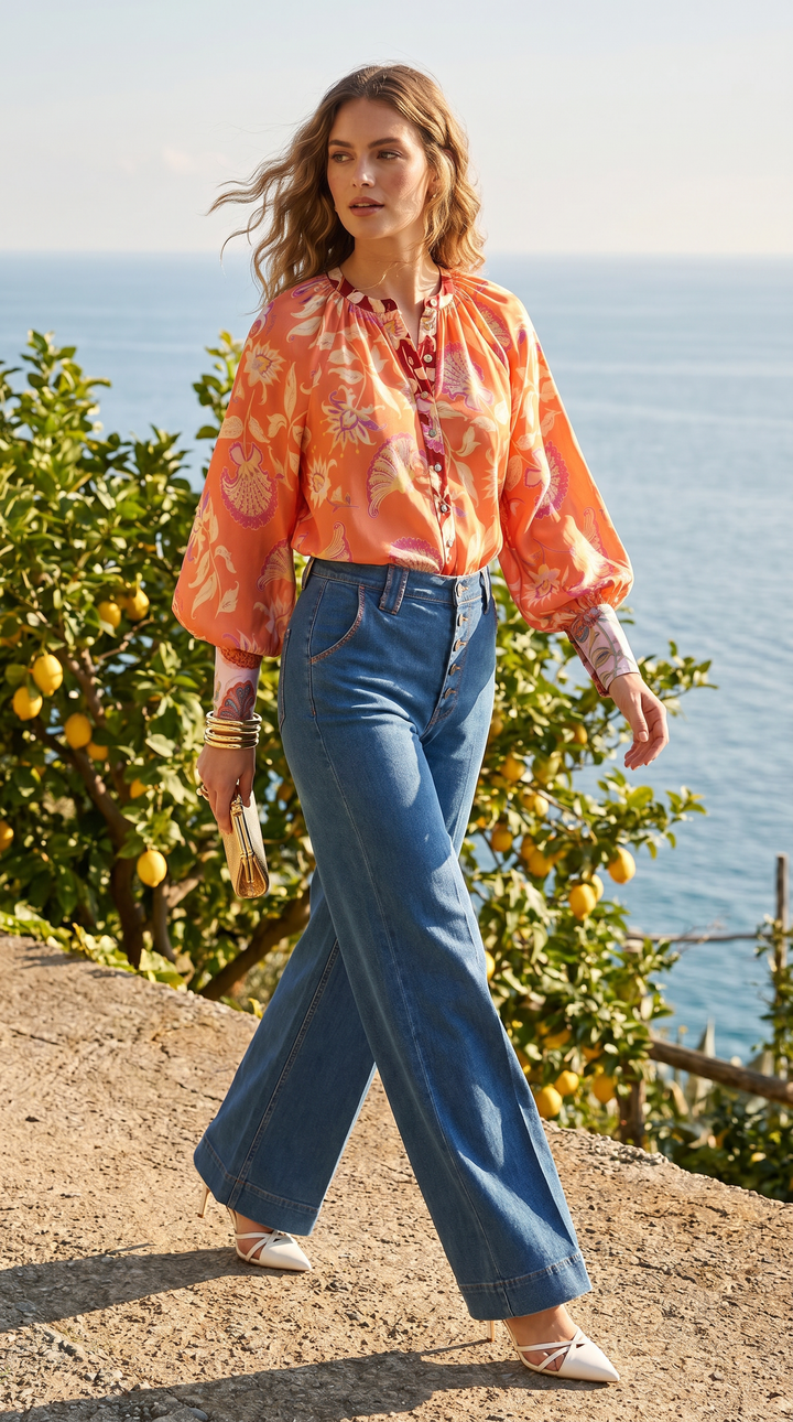 Long Sleeve Raglan Blouse in Pumpkin Florentine