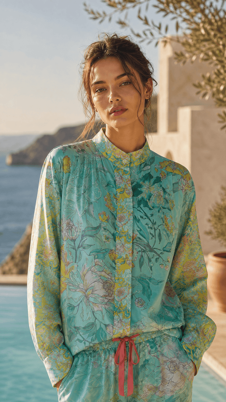Stand Collar Billow Blouse in Rose Azure