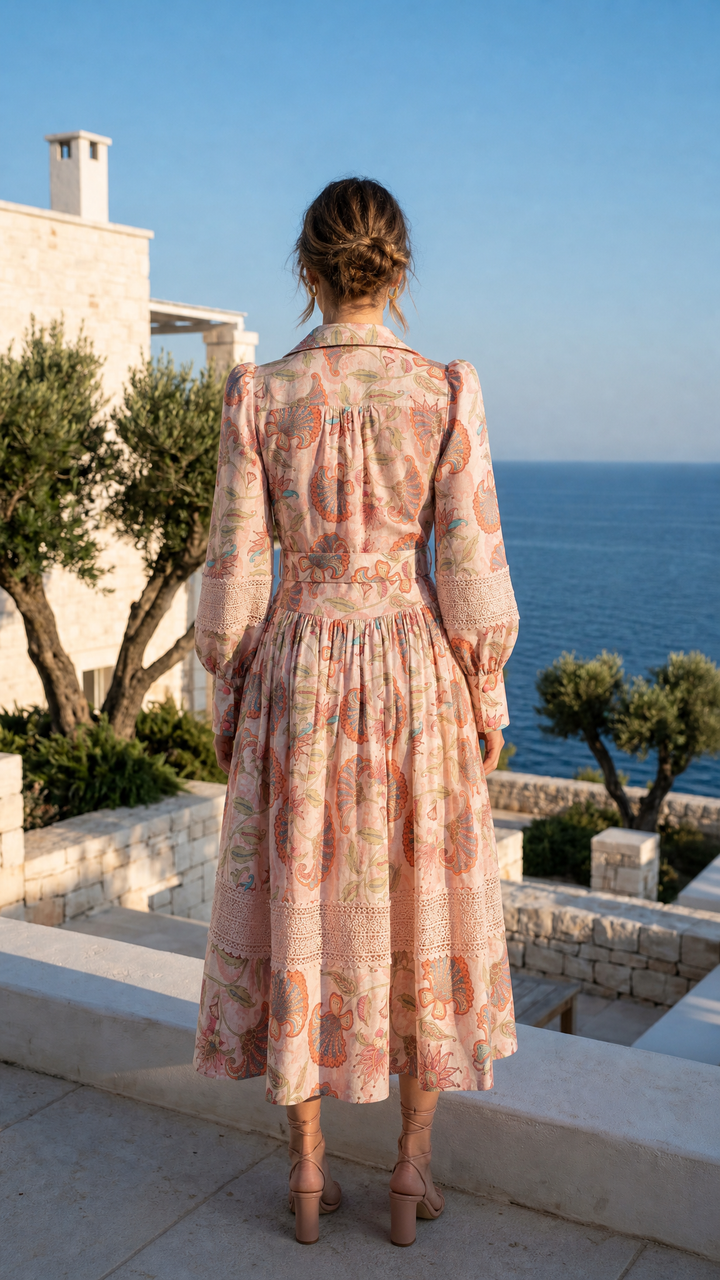 Spread Collar Trench Dress in Blush Florentine
