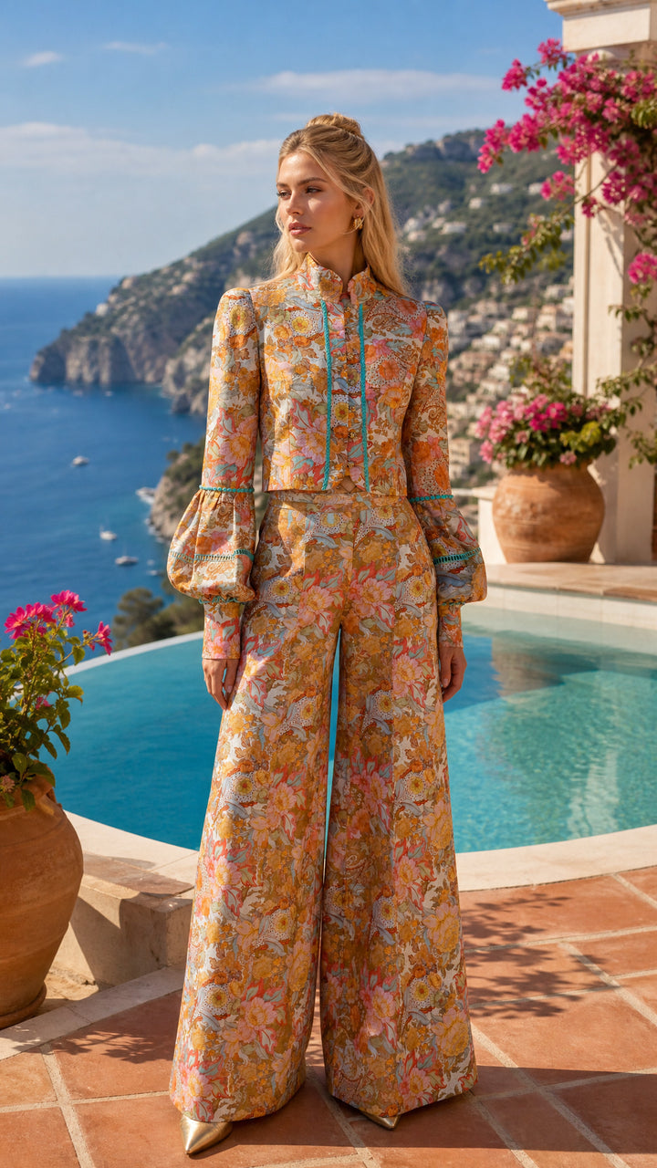 Wide Leg Bolero Pant in Champagne Picnic