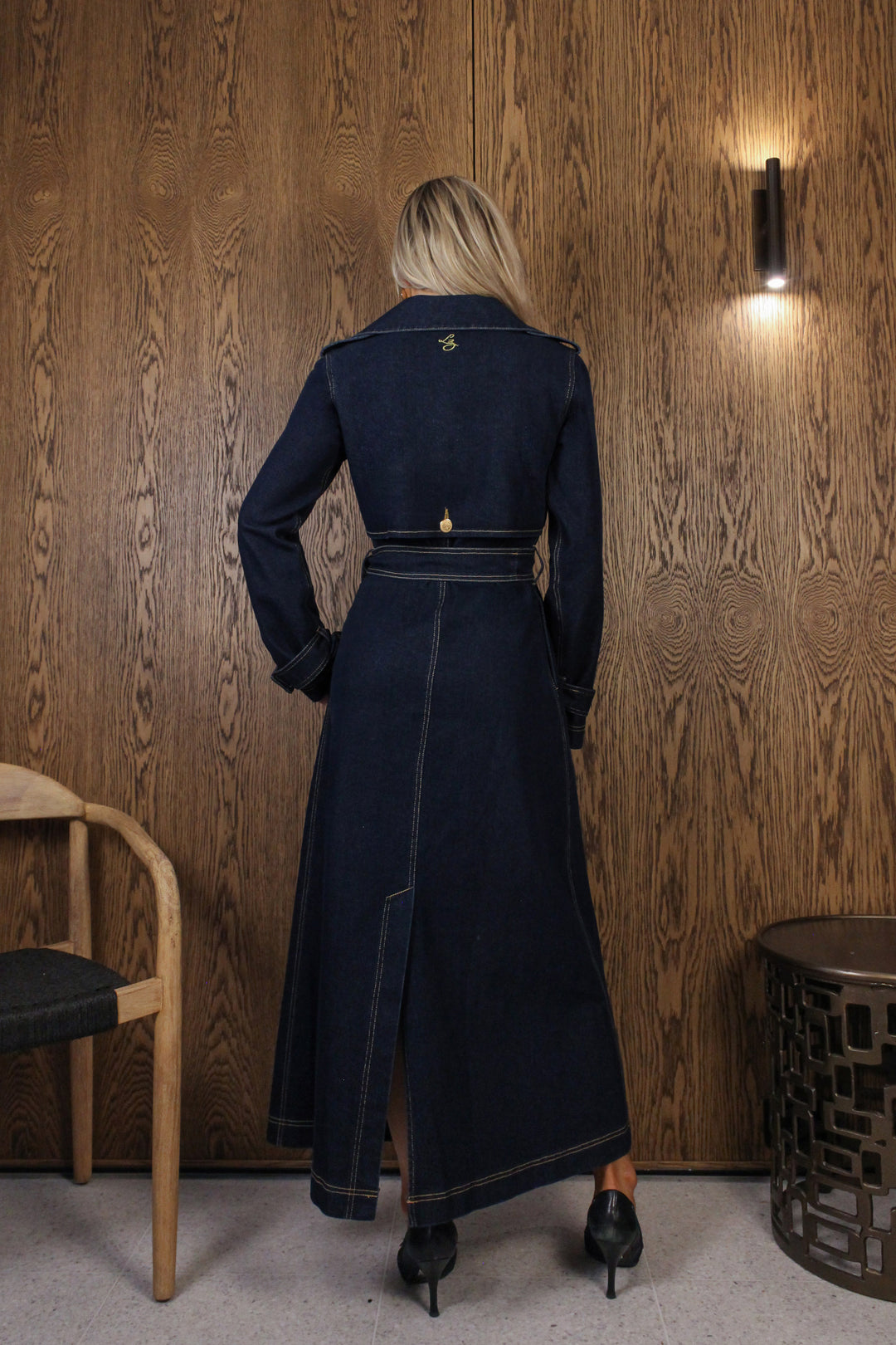 Longline Trench Coat in Dark Wash Denim