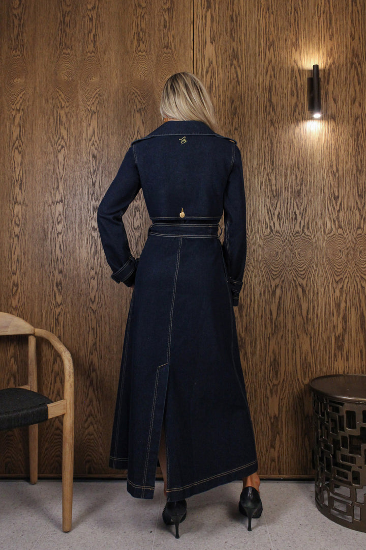 Longline Trench Coat in Dark Wash Denim