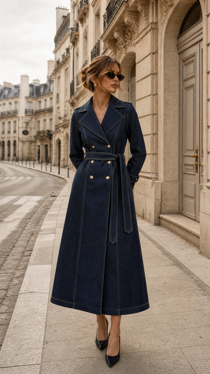 Longline Trench Coat in Dark Wash Denim