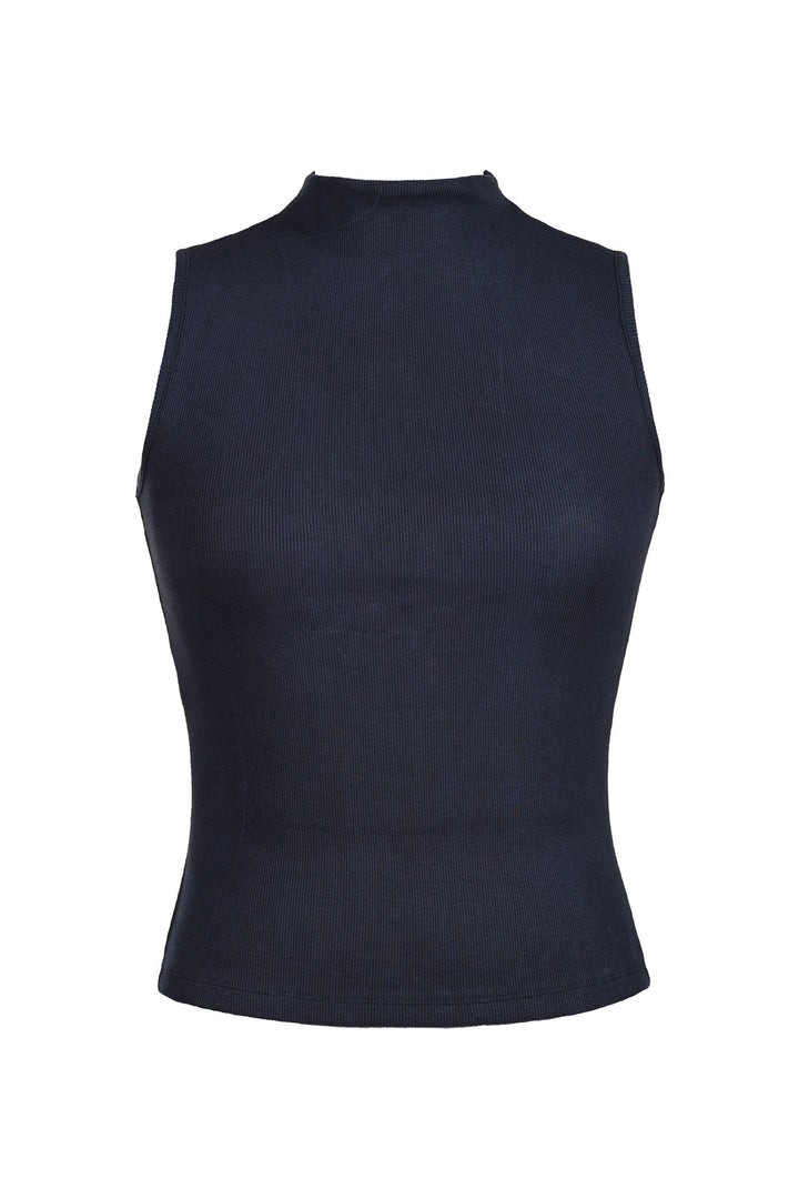 Mock Neck Sleeveless Tee in Navy