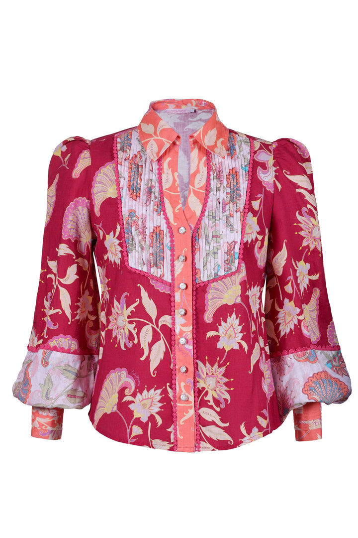Pintuck Blouse in Merlot Florentine