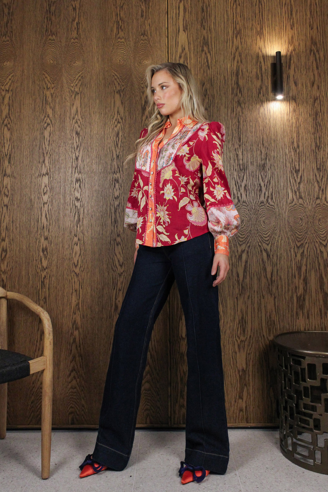 Pintuck Blouse in Merlot Florentine