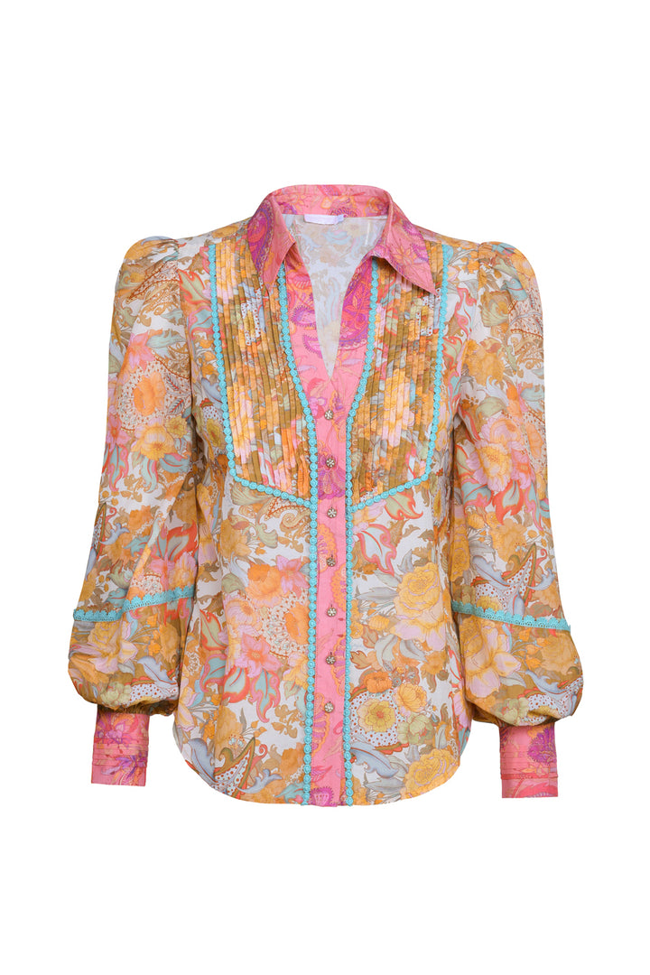 Pintuck Collar Blouse in Champagne Picnic