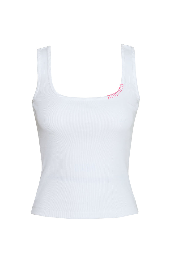 Rib Tank in White with Embroidery