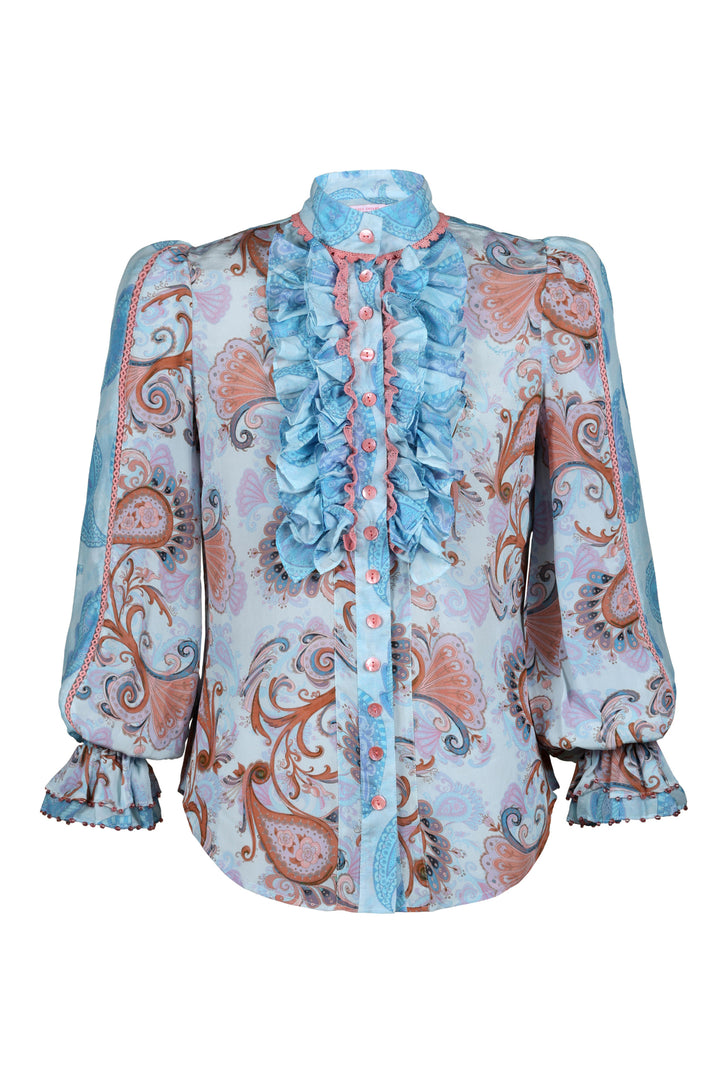 Ruffle Blouse in Sky Flora