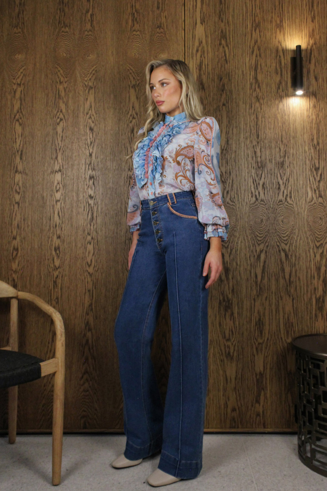 Ruffle Blouse in Sky Flora