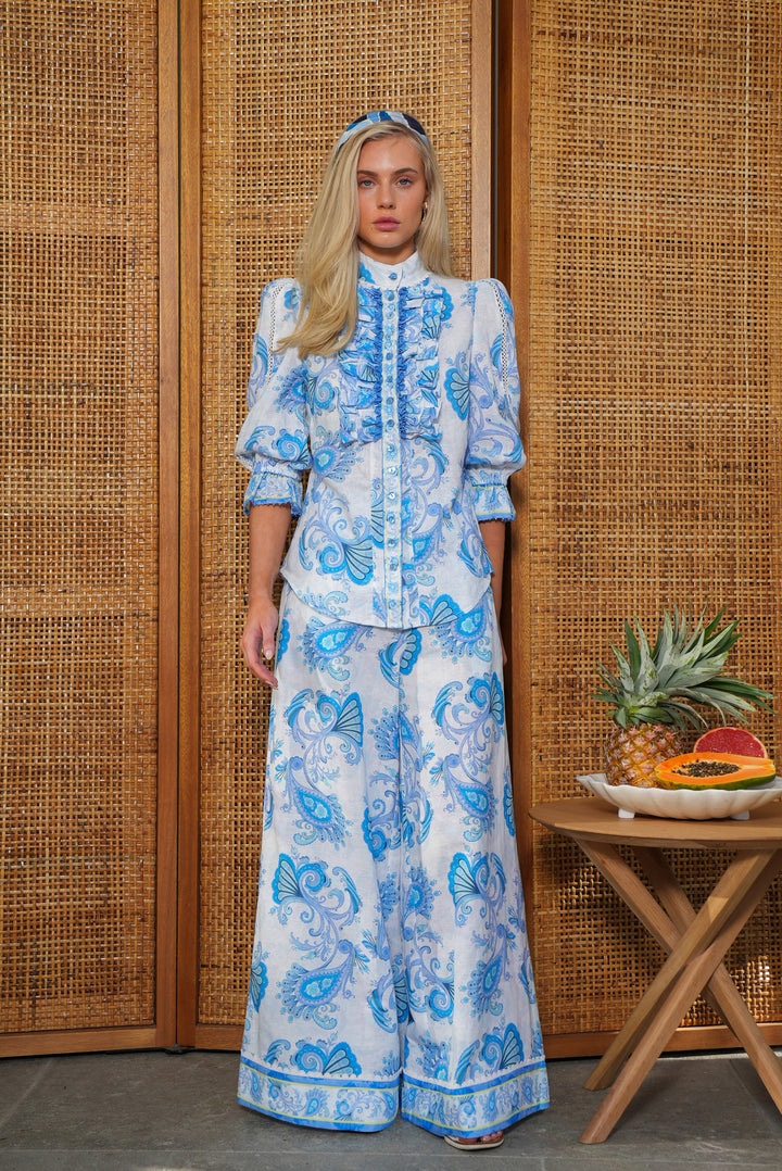 Ruffle Blouse in Sky Florentine